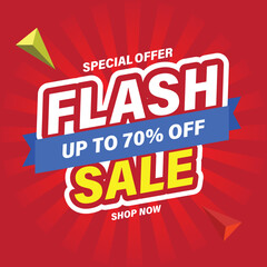 Wall Mural - Flash Sale Shopping Poster or banner with Flash icon and 3D text on yellow background. Flash Sales 70% Off template design for social media and website. Special Offer Grand Sale campaign or promotion.