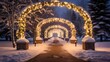Close-Up: Christmas Lights Arch Over Snowy Walkway in Jackson Hole Resort