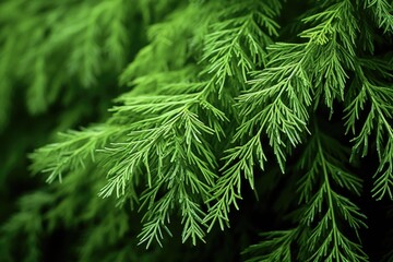 Wall Mural - Closeup of Beautiful Green Cedar Leaf. Evergreen Thuja Tree Twig on Nature Background.