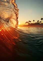 Wall Mural - The sun is setting behind a wave in the ocean