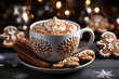 hot chocolate with cream in a mug and Christmas gingerbread cookies on a Christmas background, close-up