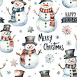 Watercolor seamless pattern with snowmen and snowflakes isolated on white background.