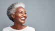 © DayDay Studio - Smiling black adult woman with smooth healthy skin. Open healthy smiling beautiful aging mature woman with white teeth. Beauty, dental and cosmetics skincare advertising concept. AI generated