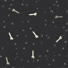 Seamless pattern with stars, adjustable wrench symbols on black background. Night sky. Vector illustration on black background