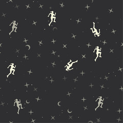  Seamless pattern with stars, running woman symbols on black background. Night sky. Vector illustration on black background