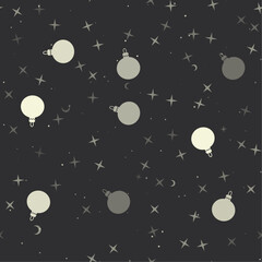  Seamless pattern with stars, Christmas tree toys on black background. Night sky. Vector illustration on black background