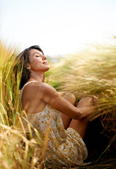 Poster - Relax, summer or calm woman in a field, countryside or outdoor garden for freedom in park or nature. Zen, wellness or female person in farm to breathe in fresh air on holiday vacation or travel