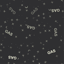 Seamless Pattern With Stars, Gas Text Symbols On Black Background. Night Sky. Vector Illustration On Black Background