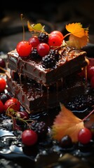 Sticker - A piece of chocolate cake with cherries and leaves