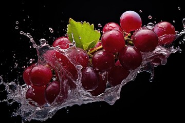 grapes with leaf in water splash isolated on black background.