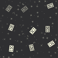 Sticker - Seamless pattern with stars, seven of diamonds playing cards on black background. Night sky. Vector illustration on black background