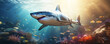 sharks swimming underwater between the ocean floor and  water surface, underwater paradise and coral reef wildlife nature,
showcases these magnificent marine predators in their element