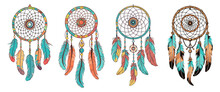 Cartoon Dream Catcher Set. Boho Style Catchers With Feathers And Beads. Isolated Sketch Decorative Elements, Vector Clipart