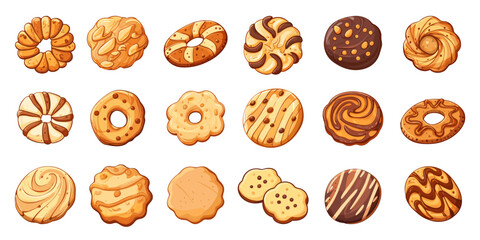 Wall Mural - Cookies cartoon set. Isolated biscuits with chocolate and nuts. Bakery shop food, sweet children dessert. Cookie festive, vector clipart