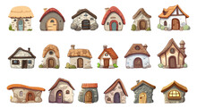 Stone Tiny Houses, Fairytale Buildings Isolated Cartoon Icons. Medieval House For People, Cute Village Architecture Elements. Witch Homes Vector Set