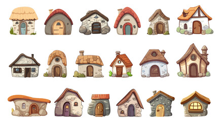 Stone tiny houses, fairytale buildings isolated cartoon icons. Medieval house for people, cute village architecture elements. Witch homes vector set