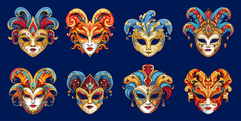 Venetian masks set. Decorative carnival mask, female faces and feathers. Bright festival party elements, home decoration, vector clipart