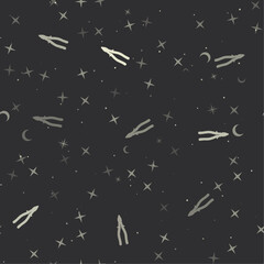 Sticker - Seamless pattern with stars, pliers symbols on black background. Night sky. Vector illustration on black background