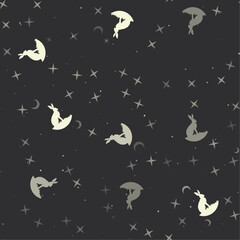 Wall Mural - Seamless pattern with stars, hare symbols on black background. Night sky. Vector illustration on black background