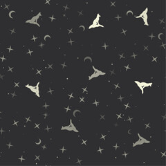 Sticker - Seamless pattern with stars, fox symbols on black background. Night sky. Vector illustration on black background