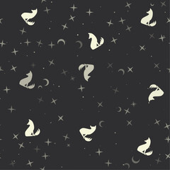 Sticker - Seamless pattern with stars, fox symbols on black background. Night sky. Vector illustration on black background