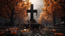 Autumn Cemetery With Headstone Granite Cross. Farewell To The Dead, Burial Ceremony, Eternal Memory.