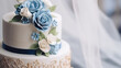 Close-up of tiered Wedding Cake. Copy space, banner template for wedding planner, event organization, catering, custom cakes.