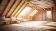 Thermal Safe Attic. Creative concept for insulating the roof of a wooden country house. Protecting Home with Insulation and Eco Friendly Materials. 