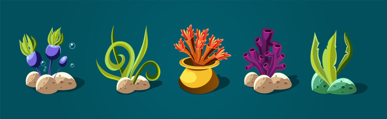 Sticker - Sea Reef and Coral with Algae Plant Grow Underwater Vector Set