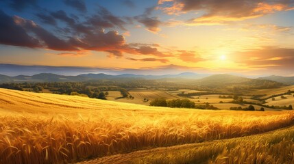 Wall Mural - morning fall dawn rural landscape illustration fog outdoors, horizontal golden, shine suncountryside morning fall dawn rural landscape