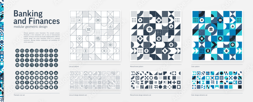Banking Design Pattern Bank, Finance Modular Geometric Design. Thin Line, Black, White and ...