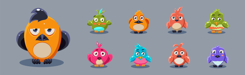 Poster - Funny Cartoon Birds Sitting Front View Vector Set