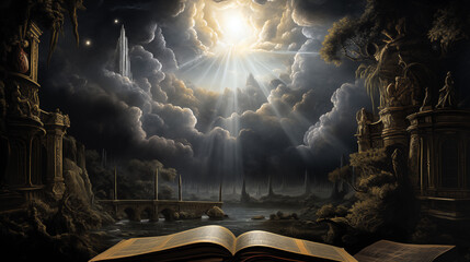 Mystical Landscape with an open book. 3D rendering.