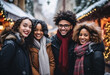 Group of young mix races African European Hispanic women and man in winter clothes standing outside  laughing happily on Christmas Market background