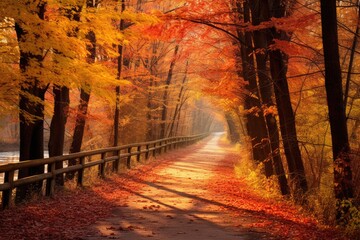 Sticker - Autumn road in the forest. Autumn landscape. Nature background, Nice pathway in Autumn colors, AI Generated