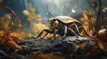  A Close Up Of A Bug On A Rock In The Middle Of A Field With Leaves And Grass In The Background.  Generative Ai