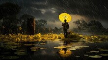  A Man Holding A Yellow Umbrella Standing In A Pond Of Lily Pads Under A Dark Sky With Clouds And Rain.  Generative Ai