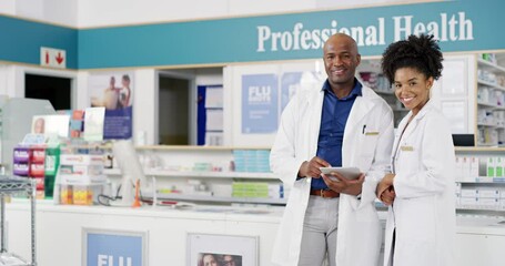 Canvas Print - Pharmacy, pharmacist and tablet for teamwork, medical inventory and healthcare or customer service in store. Face of professional African People, manager or doctors on digital technology for research