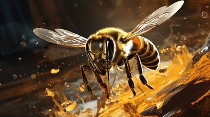 Poster -  a close up of a bee flying in the air with a lot of bubbles on it's back end.  generative ai