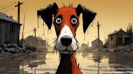 Wall Mural -  a painting of a dog with a sad look on it's face, standing in a puddle of water.  generative ai