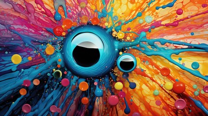 Wall Mural -  a painting of a blue eye surrounded by multicolored drops of paint on a white background with a black hole in the center.  generative ai