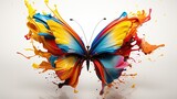  a colorful butterfly flying through the air with paint splatters all over it's back and wing ends.  generative ai