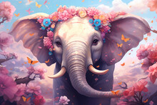 Illustration Of Cute Elephant In Flower Blossom, Generative Ai