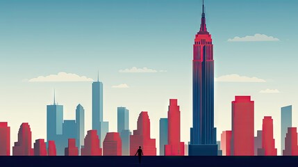 Wall Mural -  a man standing in front of a tall building with a red and blue tower in the middle of the city.  generative ai