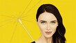  a painting of a woman with blue eyes and a yellow background holding a yellow umbrella with a stick sticking out of it.  generative ai