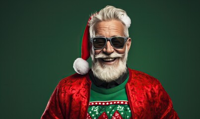 Wall Mural - Studio portrait of modern Santa Claus in Christmas ugly sweater, in santa hat. Bearded man over the green wall, copy space for text. Festive background. x-mas, Happy New Year, holiday love