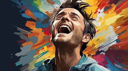 Wall Mural -  a painting of a man with his mouth open and his mouth wide open in front of a multicolored background.  generative ai