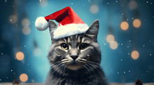 Cute Cat With A Santa Claus Hat On His Head