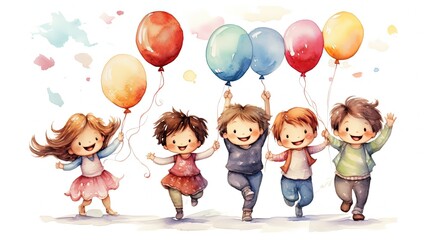 Wall Mural - watercolor style illustration of cute cartoon kids play together with balloons, Generative Ai