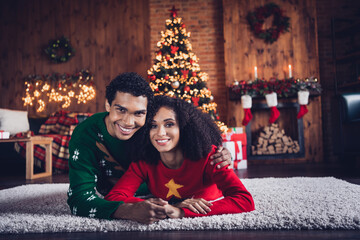 Sticker - Photo of idyllic peaceful partners lying carpet floor cuddle new year festive evergreen tree illumination flat indoors